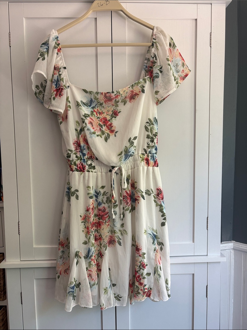 Francesca's Collections White Floral Off-Shoulder Mini Dress with Pink & Green